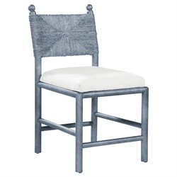 Bella Updated Traditional White Performance Blue Wood Woven Rattan Dining Chair | Kathy Kuo Home