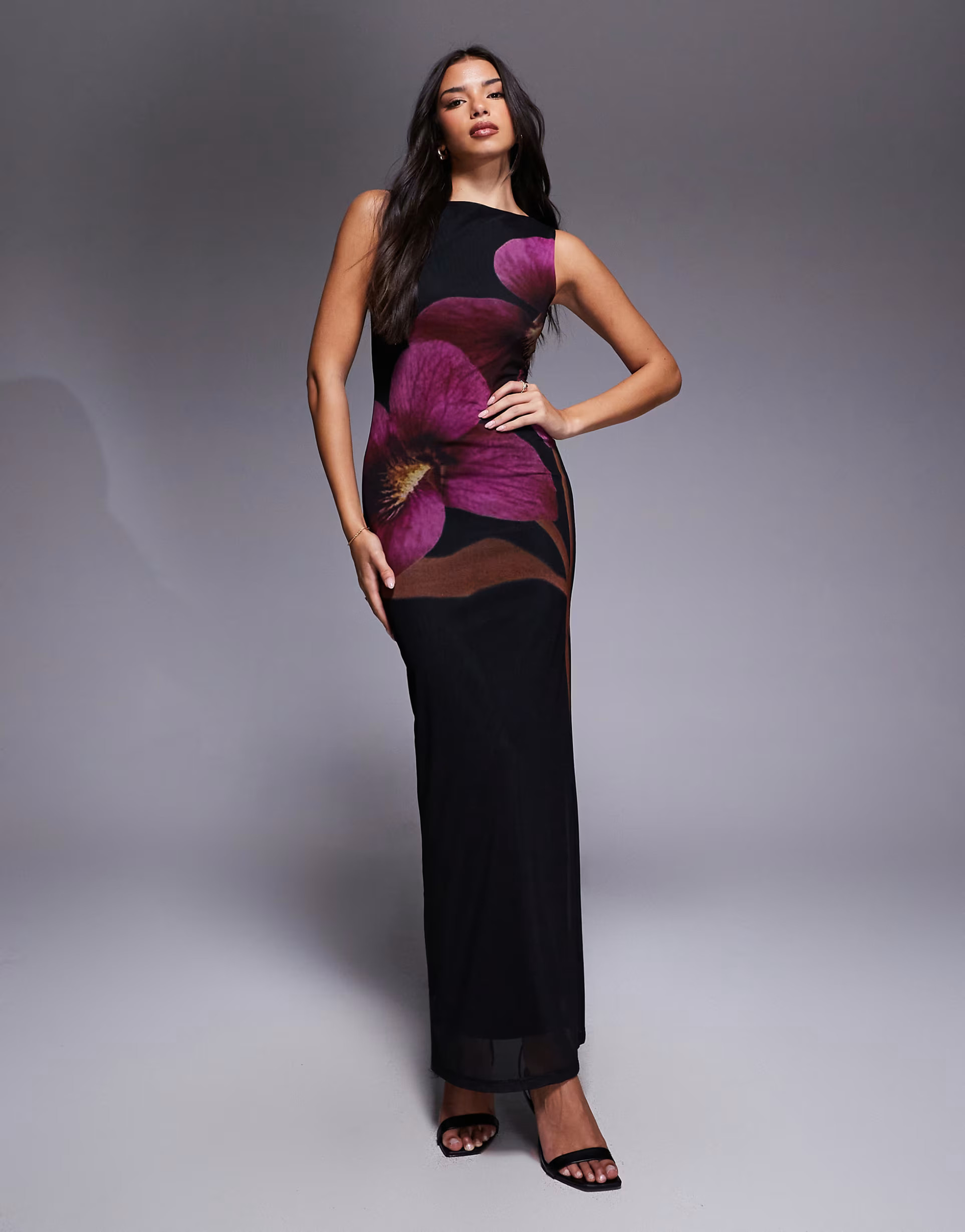 ASOS DESIGN slash neck mesh maxi dress with placement floral print in black | ASOS (Global)