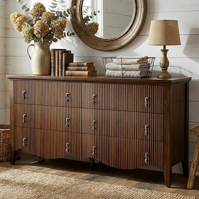 FUSUNBAO 6 Drawer Dresser for Bedroom, Wide Double Dresser with Fluted Design, Vintage Dark Walnu... | Amazon (US)