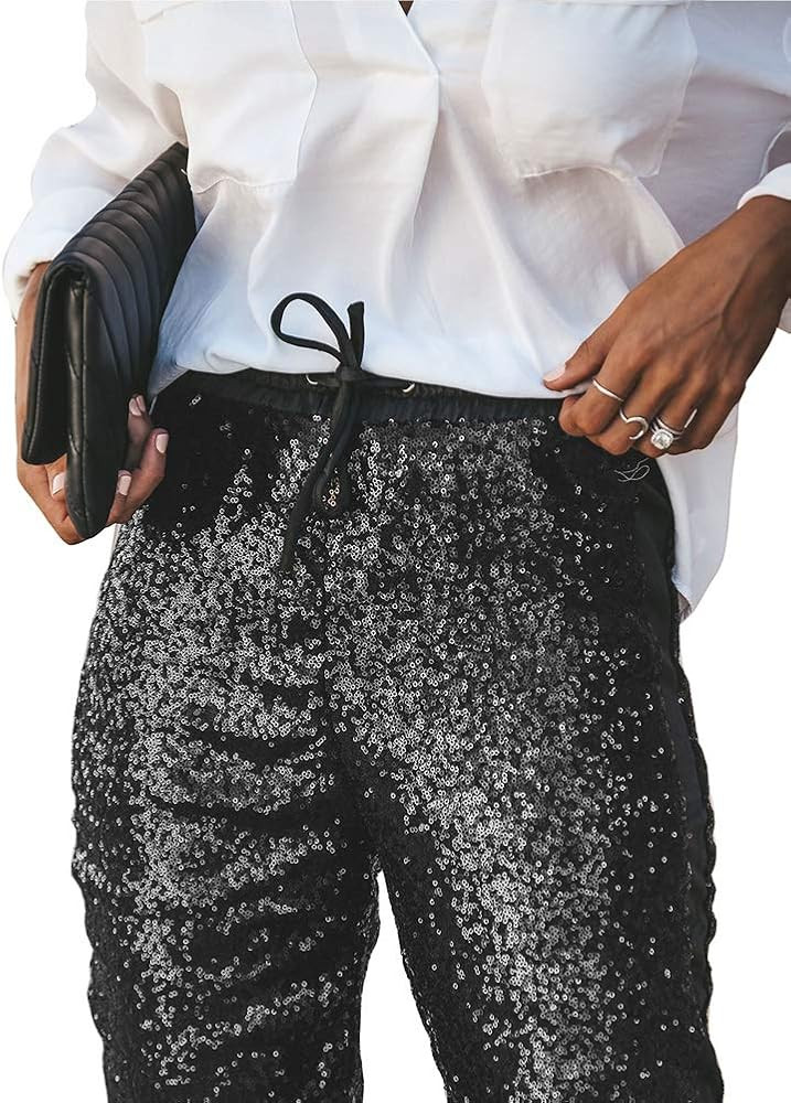 ALLUMK Womens Black Sequin Bling Legging Joggers Pencil Pants with Drawstring | Amazon (US)