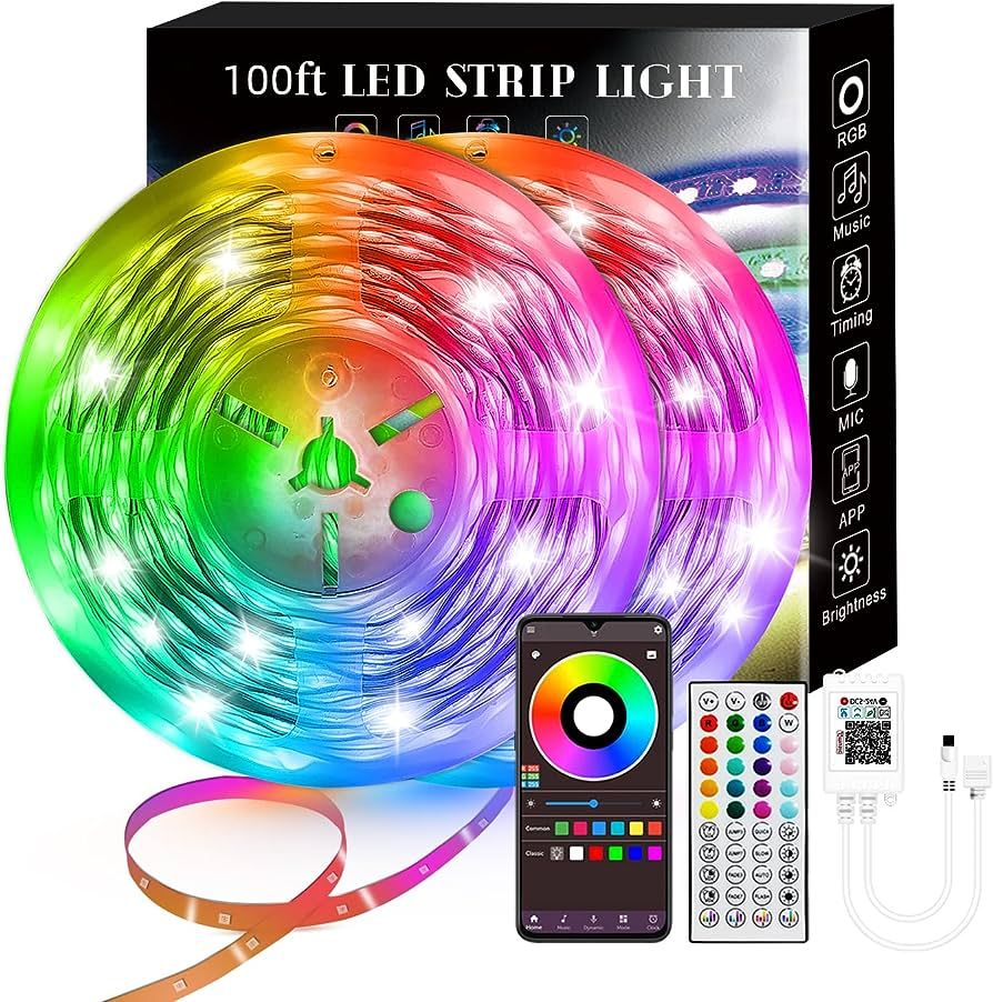 100FT Smart LED Strip Lights (2 Rolls of 50ft), RGB Strip Lights Sync to Music with 40 Key Remote... | Amazon (US)