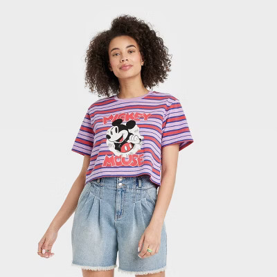 Women's Disney Mickey Mouse Short Sleeve Graphic Cropped T-Shirt - Purple | Target