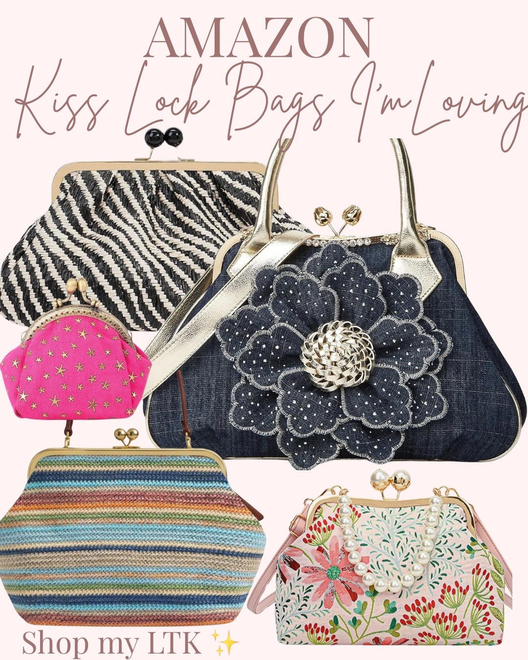 👜 PRIME DAYS BAG FAVORITES 👜

These vintage-inspired kiss lock bags are giving boutique vibes without the boutique price tag! ✨

From woven textures to florals and denim details, these are the statement accessories I’m loving for summer. They instantly elevate any outfit and make even the simplest look feel polished.

✨ Prime Days are coming—save your favorites now and watch for deals!

Which one would you carry? 👇

#AmazonPrimeDays #PrimeDayDeals #AmazonFashion #AmazonFinds #KissLockBag #HandbagStyle #AffordableFashion #LooksExpensiveIsnt #ElevatedStyle #LTKFashion #LTKCreator #FashionOver50 #GenXStyle #SummerStyle

#LTKU #LTKOver40 #LTKSaleAlert