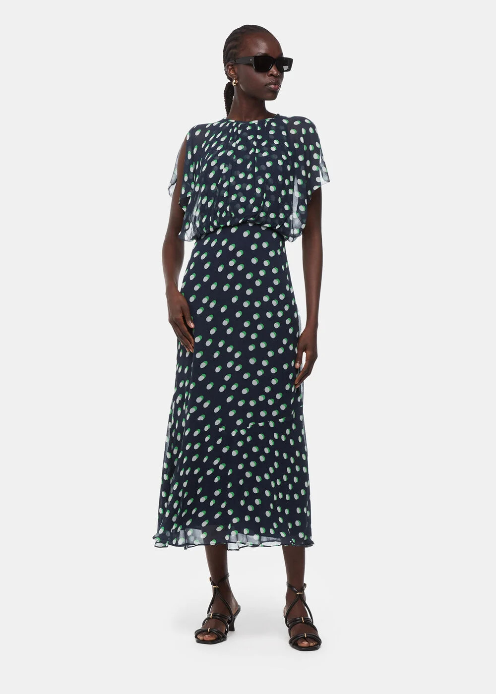 Navy/Multi Moon Spot Print Midi Dress | WHISTLES | Whistles UK | | Whistles