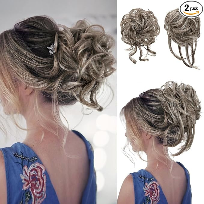 SARLA 2PCS Grey Messy Bun Hair Pieces for Women Wavy Curly Synthetic Hairpieces for Updos with Te... | Amazon (US)