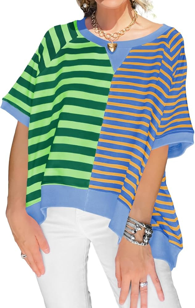 Tankaneo Womens Oversized T Shirts Summer Short Sleeve Striped Color Block Loose Fit Tops 2025 Tr... | Amazon (US)