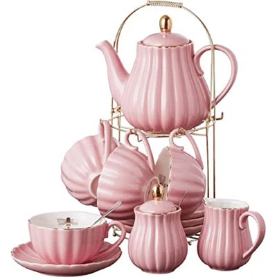 Fine China Pink Coffee Cup/teacup Set, 7 Oz Cups& Saucer Service For 4, With Teapot-sugar Bowl-cream Pitcher Teaspoons And Tea Strainer For Tea/coffee | Wayfair North America