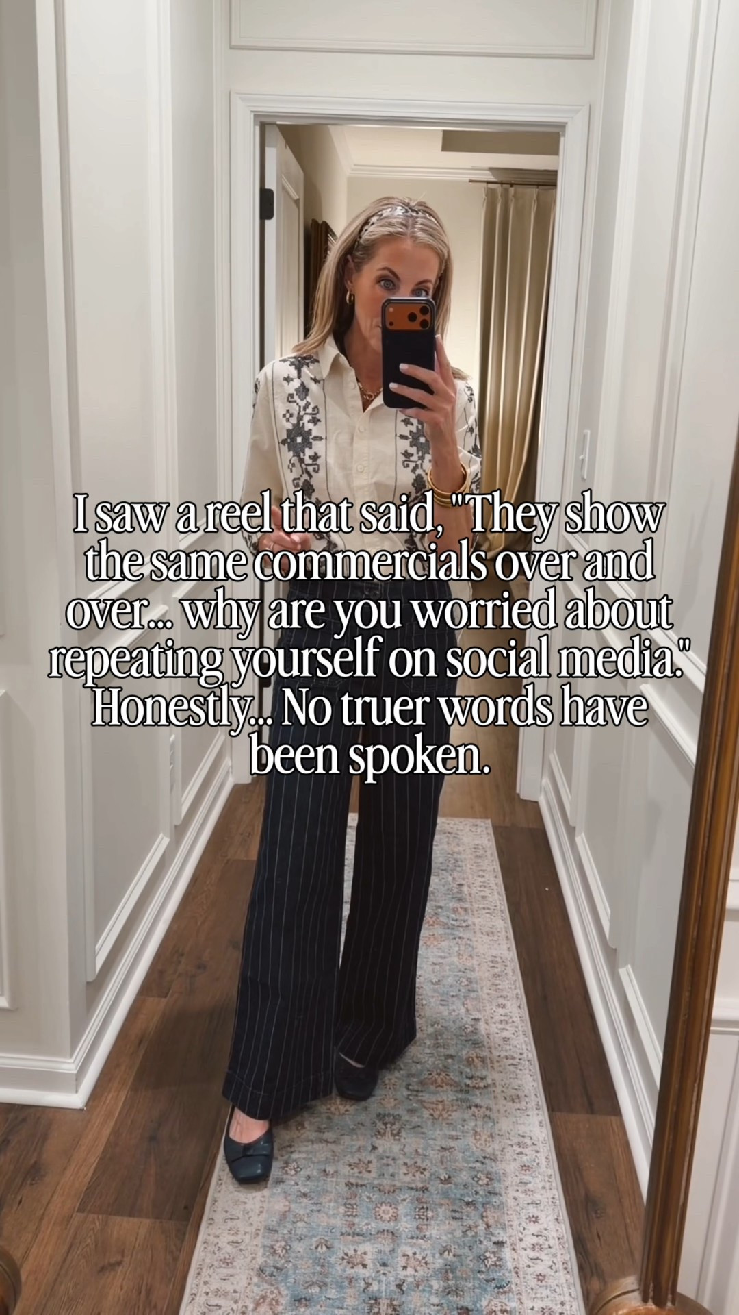 I saw this today and it stopped me in my tracks. They show the same commercials over and over, yet we stress about repeating ourselves online. Maybe consistency isn’t being annoying… maybe it’s being clear. Sharing over and over again what we love in hopes you will too!! 💕 comment TRUTH 

OOTD from LOFT - This beautiful Crosstitch top is on sale less than $40 size XS paired with these amazing pants stripe pants also from Loft and on sale. wearing a size 0. I am 5’5 for reference. 



#LTKgrwm #LTKdayinmylife #LTKootd