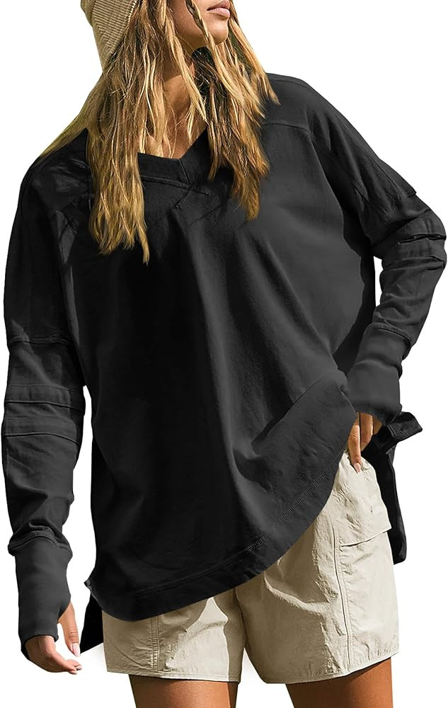Tankaneo Womens Long Sleeve Tunic Tops Casual V Neck Oversized Shirts with Thumb Holes | Amazon (US)