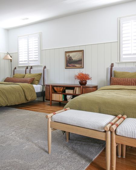 This was the original bedding for the boys. I got a simple bed frame and wall mounted upholstered headboards. At the foot of each bed are 2 upholstered wood ottomans. Instead of nightstands the boys shared this cane door TV stand 

#LTKhome #LTKFind #LTKstyletip