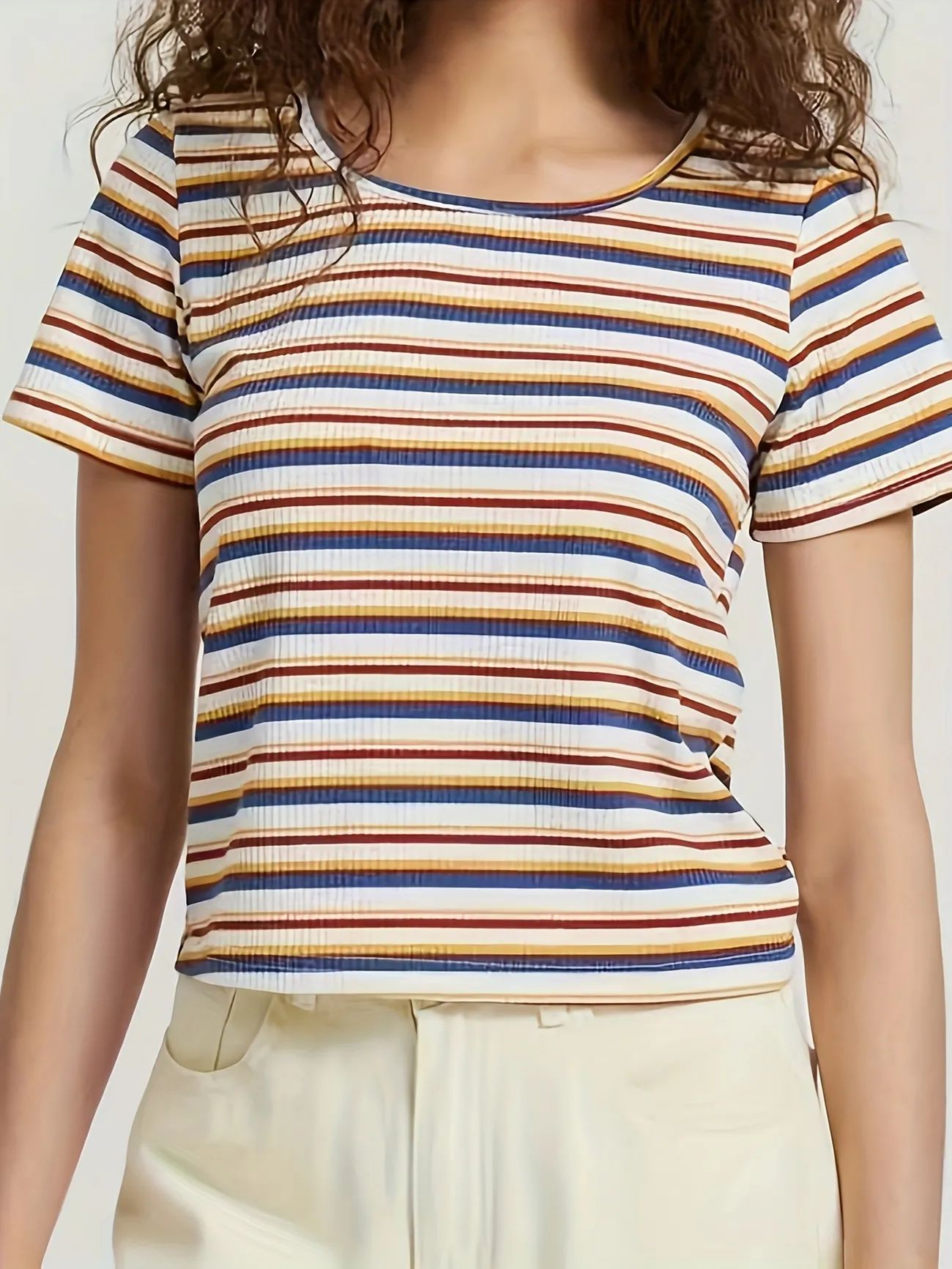 Crew Neck Striped Rib Slim Fit T-shirt, Casual Loose Short Sleeve Fashion Summer Bodycon T-Shirts... | Temu Affiliate Program