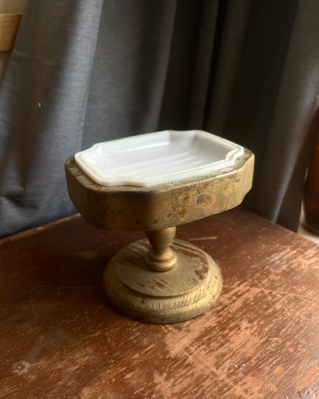 Vintage Wooden Pedestal Soap Holder Patina, Plastic Soap Dish, Farmhouse Grandma Core Bathroom De... | Etsy (US)