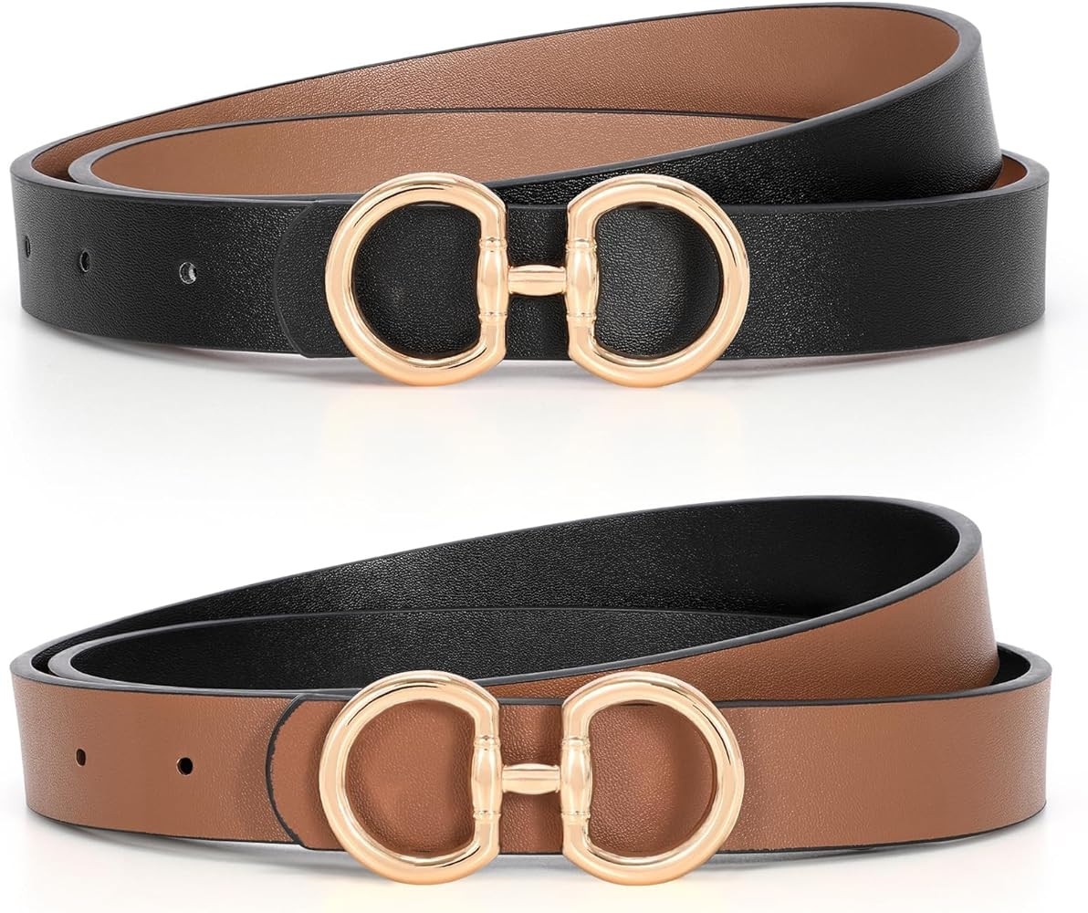 CESCOSI Women Skinny Reversible Leather Belt for Jeans Pants Gold Buckle Thin Ladies Fashion Belt | Amazon (US)