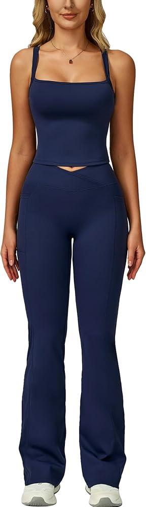 Workout Sets for Women 2 Piece Square Neck Tank Top and Butt-lifting Flare Leggings with Pockets ... | Amazon (US)