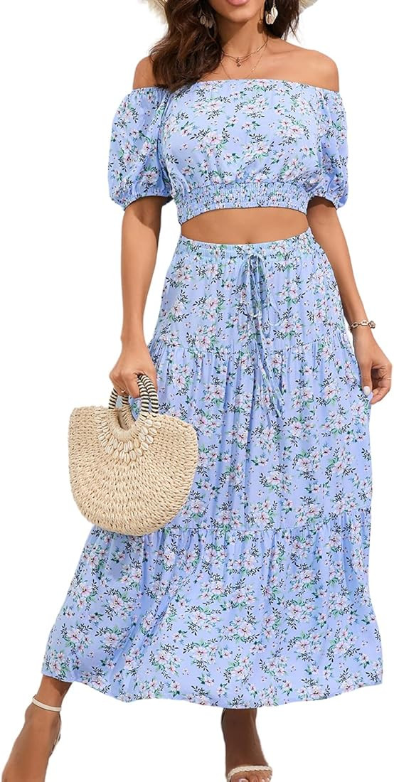 BLUEMING Women's Summer Floral Printed 2 Piece Outfit Off Shoulder Crop Top and Boho Tropical Lon... | Amazon (US)