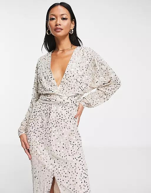 ASOS DESIGN midi dress with batwing sleeve and wrap waist in scatter sequin | ASOS (Global)