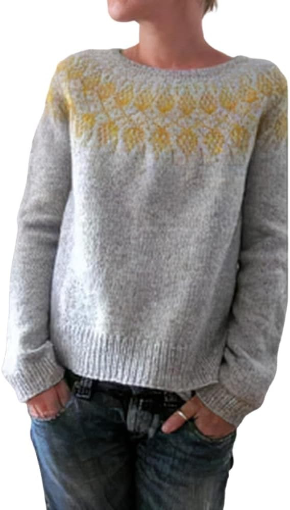 Women's Fair Isle Sweater Boho Pattern Crewneck Casual Striped Knitted Pullover Tops Oversized | Amazon (US)