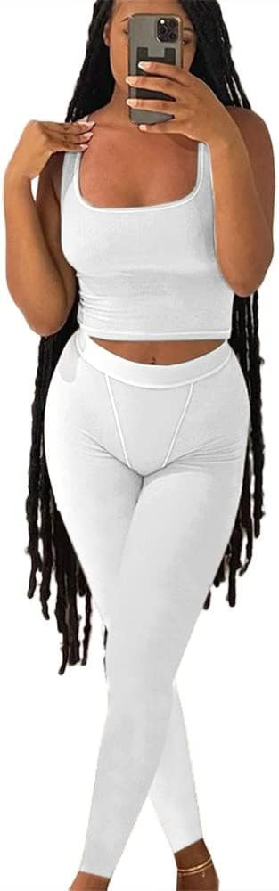 ZFLM Casual Workout Sets Two Piece Outfits for Women Ribbed Crop Tank Top High Waist Yoga Legging... | Amazon (US)