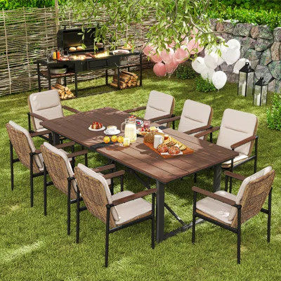 Ocanas 9-Piece Aluminum Outdoor Dining Set With Wooden Table Top, Wicker Chairs And Light Gray Cushions | Wayfair North America