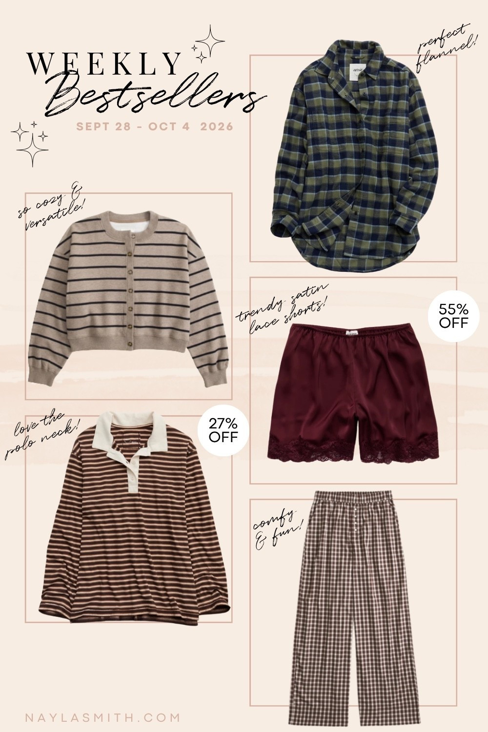 Weekly Bestsellers! Sweatshirt cardigan (I wear L), plaid flannel shirt (I wear M), satin lace shorts (I wear M), striped polo long sleeve tee (I wear L for an oversized fit), plaid wide leg pants (I wear M)