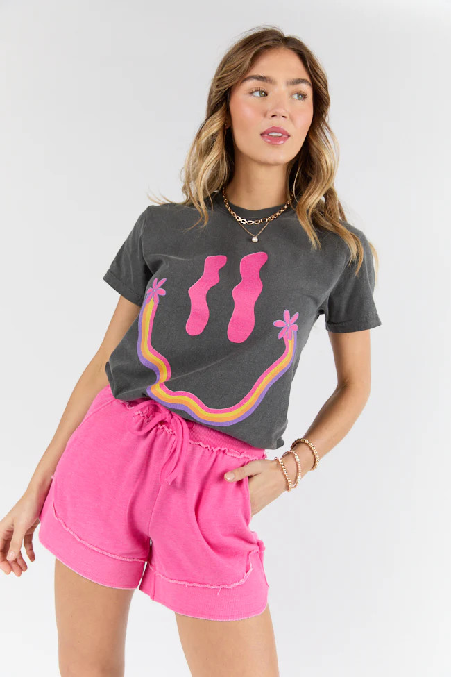 Retro Smiley Dark Grey Graphic Tee | Pink Lily
