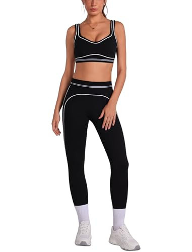 ABOCIW Workout Sets for Women Scoop Neck Contouring Contrast Stitching Sports Bra High Waist Leggings 2 Piece Gym Sets Athletic Yoga Pilates Outfits Black Medium | Amazon (US)