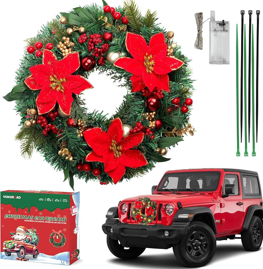 Lighted Christmas Car Wreath, 13" Artificial LED Car Wreath with Poinsettia Flower, Red Berries &... | Amazon (US)