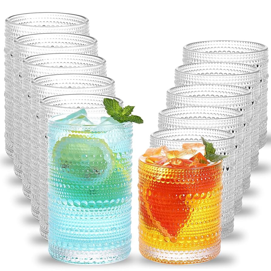 Moretoes Hobnail Drinking Glasses Set of 12, 12 Oz Highball Glasses & 10 Oz Cocktail Glasses, Cle... | Amazon (US)
