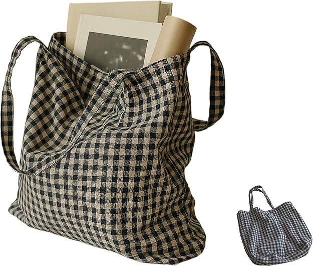 CHUNFO Womens Chic Gingham Totes Classic Black & White Plaid Lightweight Design | Amazon (US)