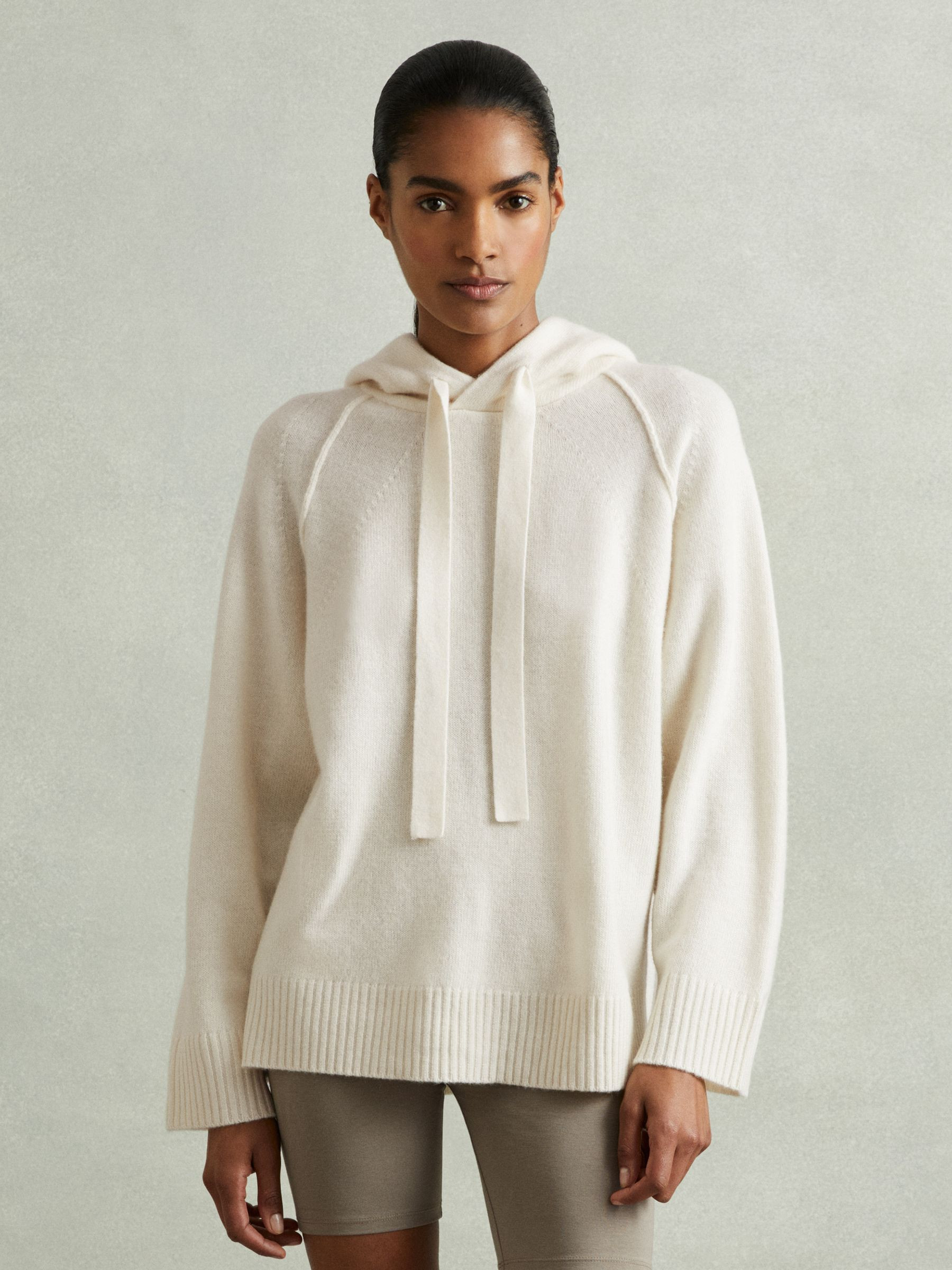 Wool-Cashmere Drawstring Hoodie in Cream | Reiss UK