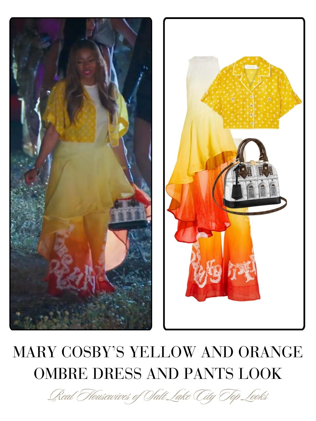 Mary Cosby’s Yellow Polka Dot Button Down Top, Yellow and Orange Ombré Dress and Pants and Bag on the Real Housewives of Salt Lake City Season 16 Finale 