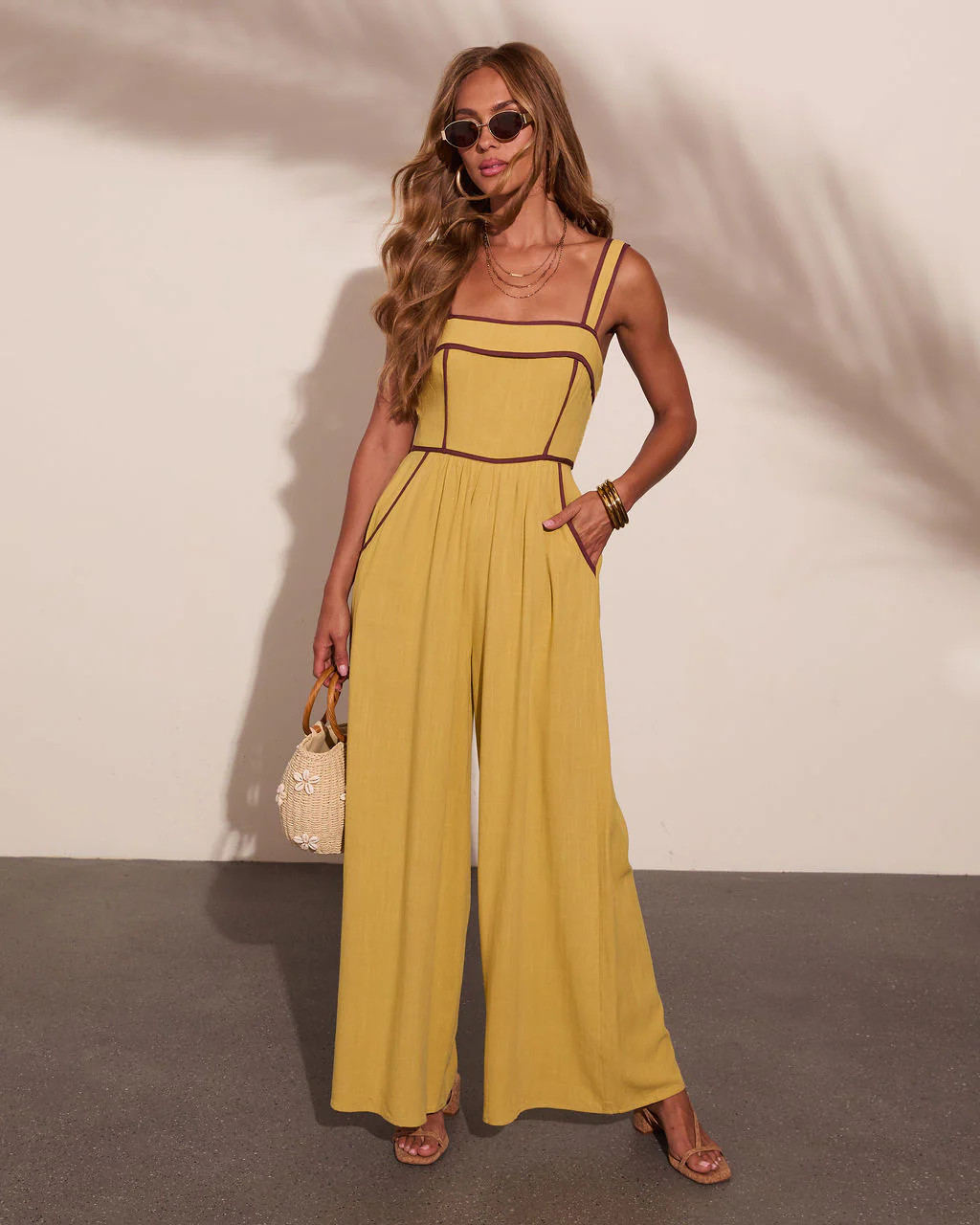 Sunday Market Linen Blend Contrast Trim Jumpsuit - Yellow / M | VICI