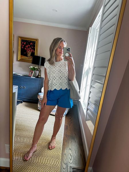 Easy 4th of July or summer outfit idea. These sandals are really comfortable and the quality is 10/10. My shorts are also easy and flattering - size 4. My crochet top is almost sold out, but go quick to snag your size. This is a small. 

#LTKSeasonal #LTKOver40 #LTKStyleTip