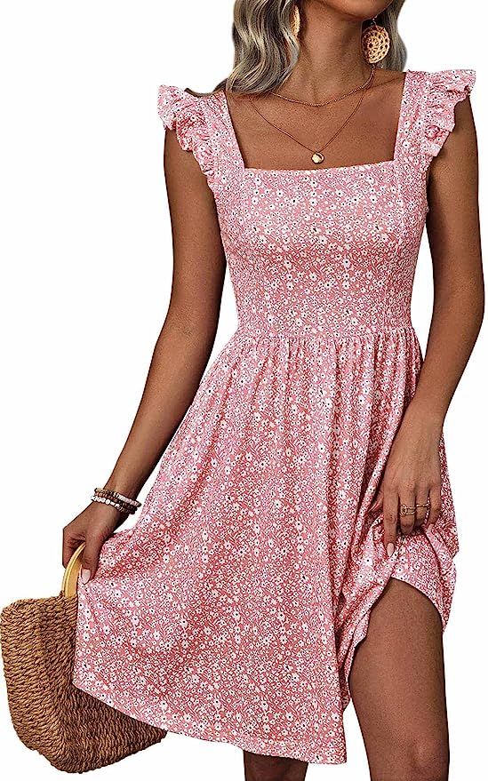 Loemes Summer Cute Floral Flowy Knee Length Sundressses Beach Dress for Women 2023 | Amazon (US)