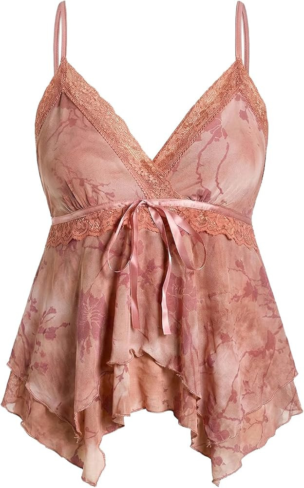 Verdusa Women's Y2K Tops Babydoll Summer Tank Tops Going Out Floral Lace Mesh Shirt Whimsical Clo... | Amazon (US)