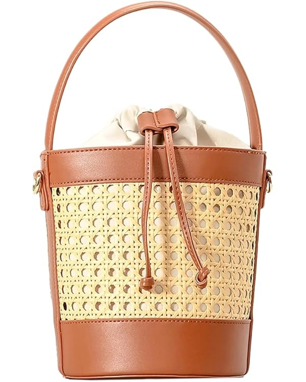 Rattan Straw Tote Bucket Bag for Women - PU Leather Summer Beach Holiday Purse | Amazon (US)
