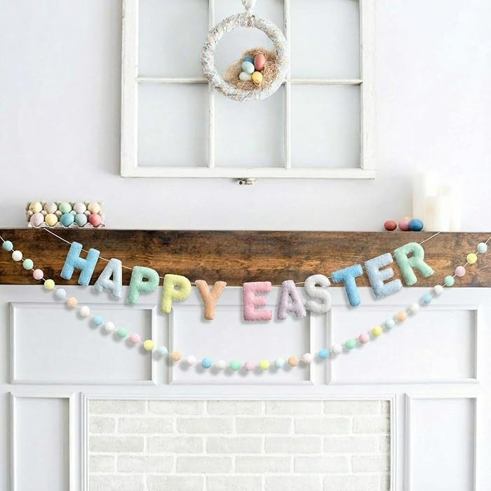 Breling 2 Pcs Easter Felt Garland Pom Pom Garland Happy Easter Banner Spring Felt Hairball Ball B... | Amazon (US)