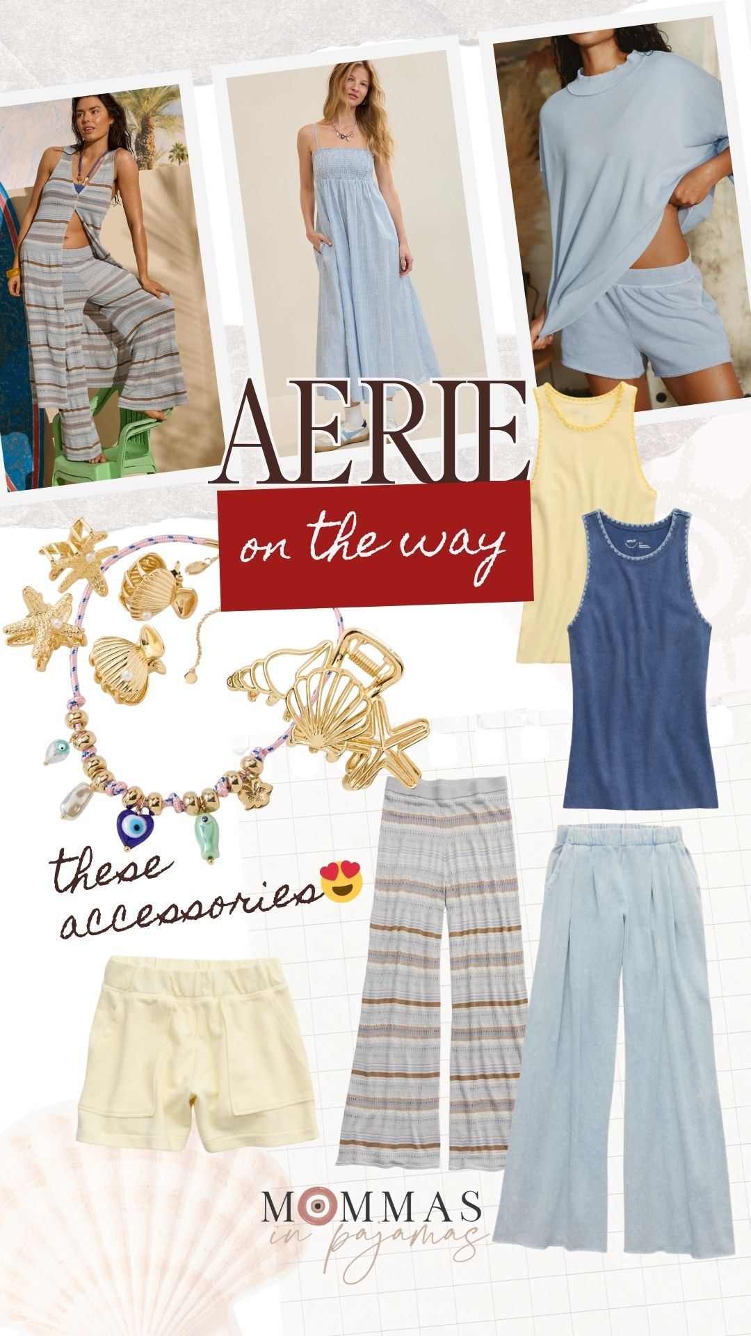 My most recent Aerie order. The accessories in this order😍 gold evil eye charm necklace and gold coastal themed hair clips with seashells! Striped lounge pants, striped beach cover-up/duster, light blue midaxi maxi dress, light blue set, yellow tank top, yellow shorts, street trousers and the viral alumni sweater and shorts set. Petite friendly haul, summer outfits, loungewear. Most currently on sale! 

 #LTKSeasonal #LTKSaleAlert #LTKPetite