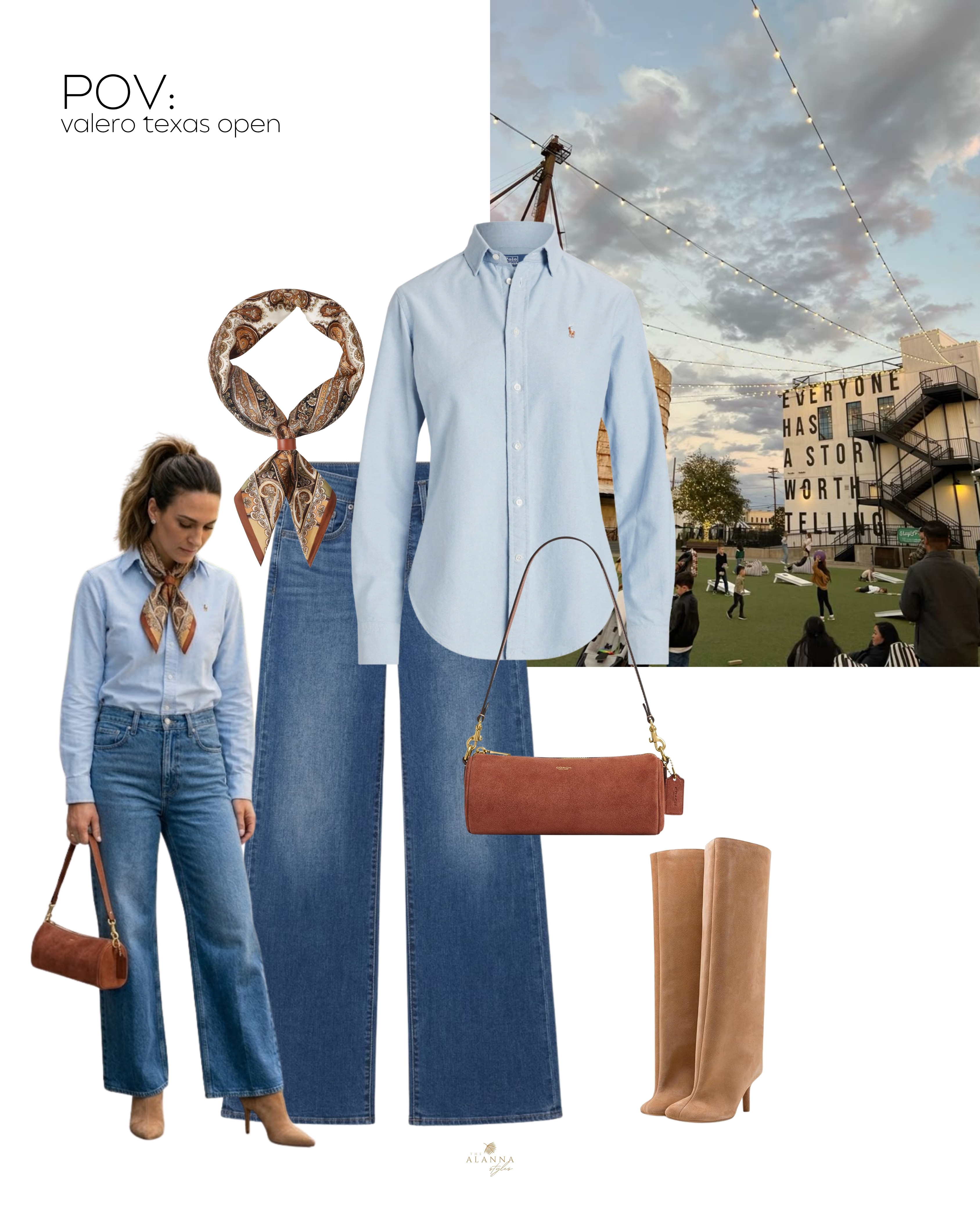 tournament ready. 🐎🌾 keeping it classic and polished for a day at the valero texas open with a crisp blue button-down and a vintage-inspired paisley scarf. the tan knee-high boots and suede bag add that perfect western-chic touch for walking the course at tpc san antonio. such a timeless way to do golf style in the lone star state. ⛳️✨

#valerotexasopen #texasopen #westernchic #ralphlauren #golfstyle #springstyle #paisley #tpcsanantonio #oldmoneystyle 

 #LTKootd