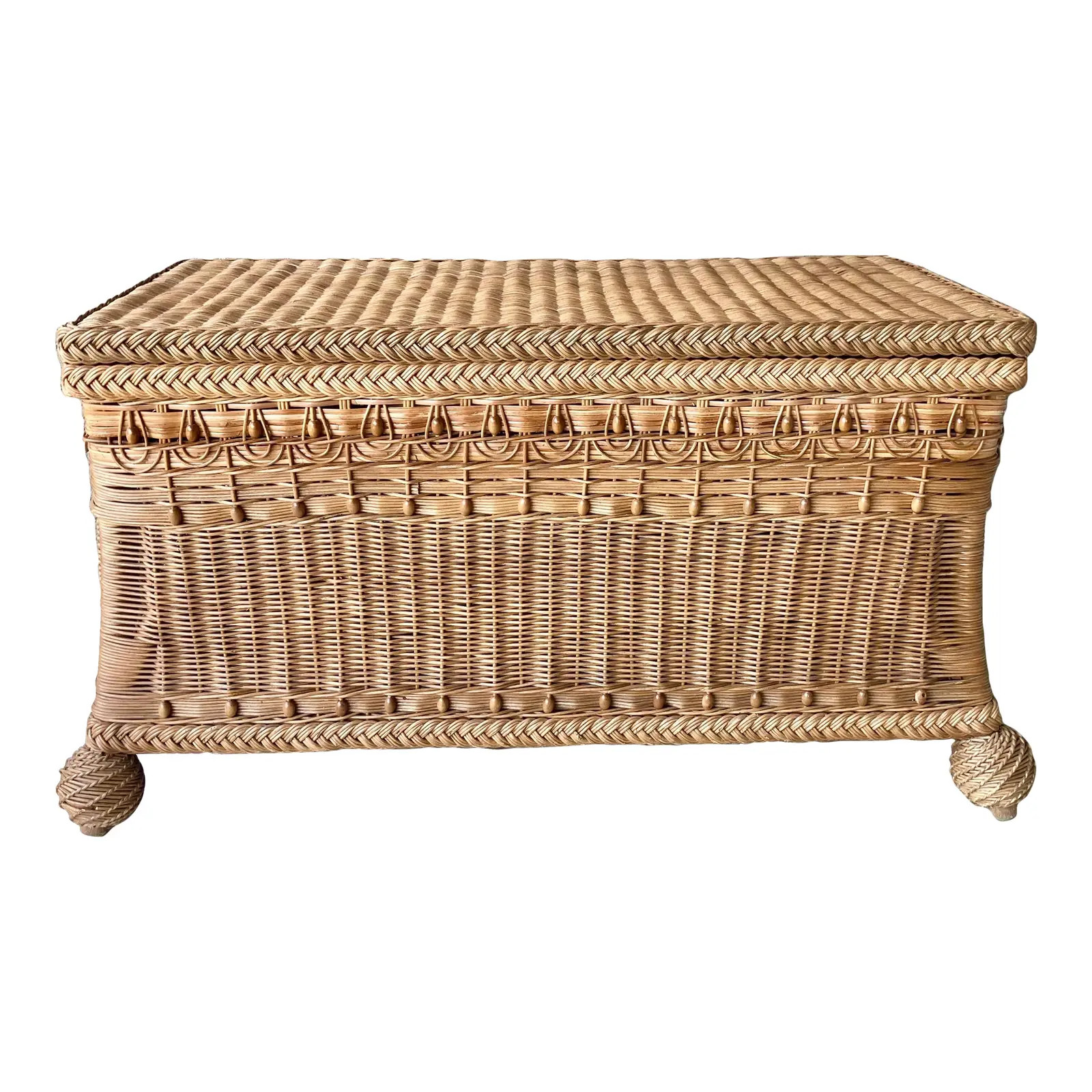 Circa 1980 Cottage Chic Bun Foot Rattan & Bamboo Storage / Blanket Chest | Chairish