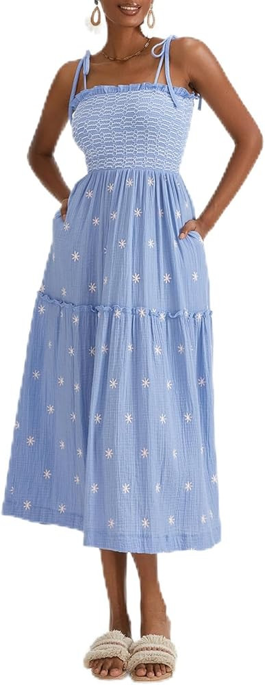 ABYOVRT Women Floral Embroidered Maxi Dress Sleeveless Tie Shoulder Smocked Flowy Dress Boho Summ... | Amazon (US)
