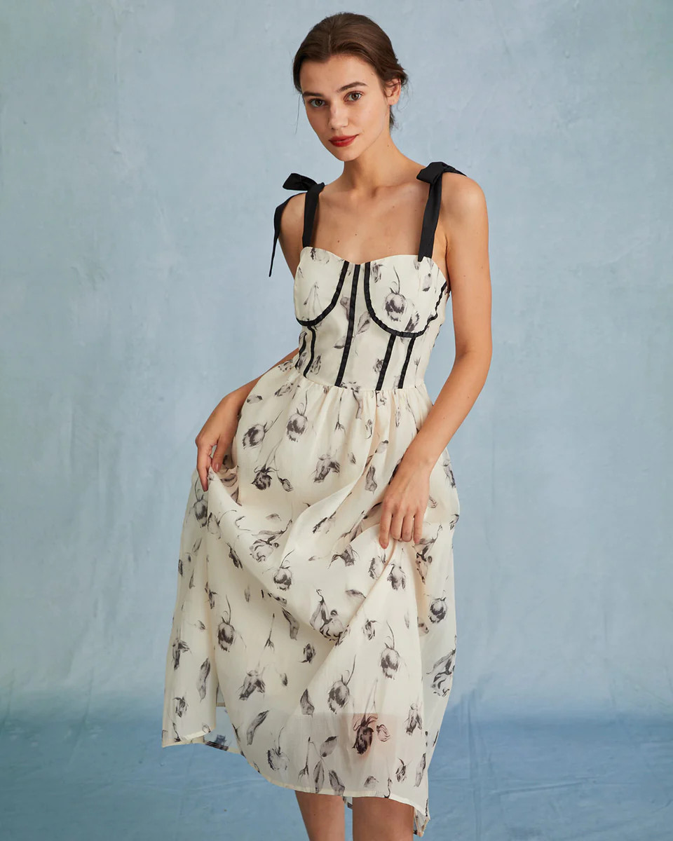 The Sweetheart Neck Floral Tie Shoulder Midi Dress | rihoas.com