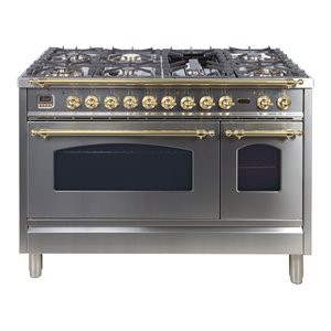 ILVE Nostalgie 48" LP Stainless Steel Metal Double Oven Dual Fuel Range in Brass | Cymax