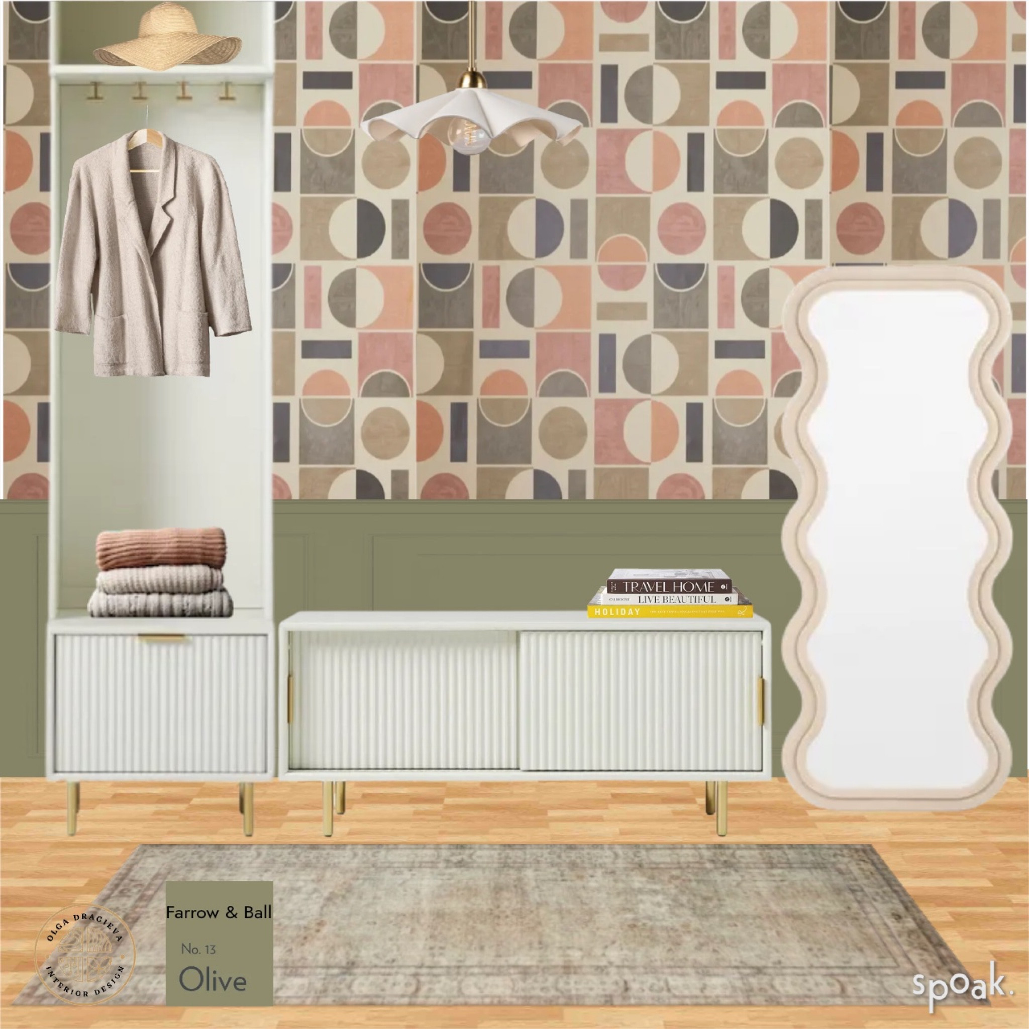 Beautiful entryway design/moodboard with a geometric and mid-century modern wallpaper from Lulu and Georgia. The creamy wavy mirror is from Interior Icons. Gorgeous pendant light from Mitzi. Entryway Bench and locker from West Elm. 

#LTKhome #LTKstyletip #LTKSeasonal