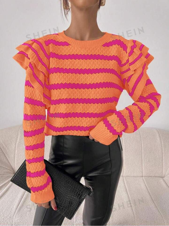 SHEIN Essnce Women'S Striped Sweater With Ruffle Hemline Pullover | SHEIN