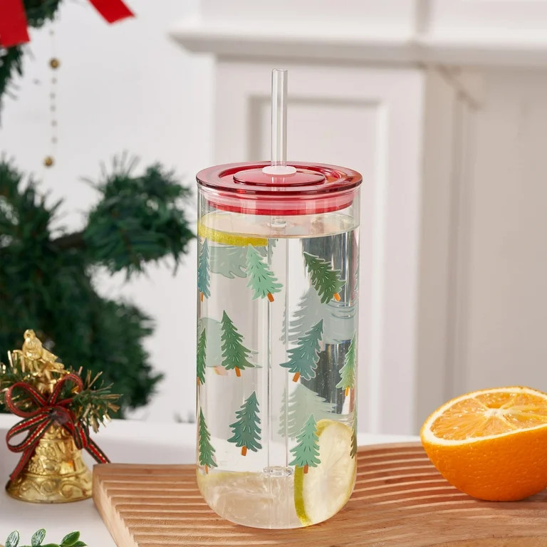 Holiday Time Glass 20oz Can Sipper Christmas Trees with Lid | Walmart (US)