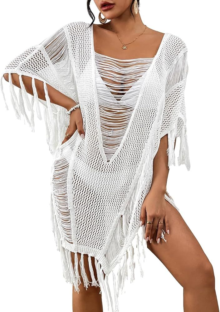 Bsubseach Sheer Bikini Cover Up for Women Fringe Hollow Out Swimsuit Coverups Sexy Beach Pool Bat... | Amazon (US)