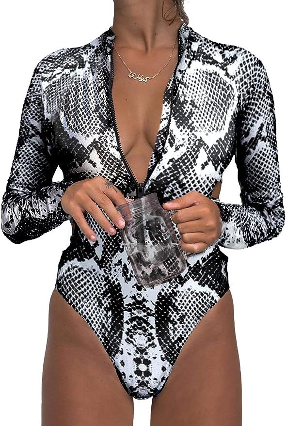 Aleumdr Womens Zip Front Printed Half Sleeve/Long Sleeve One Piece Swimsuit Swimwear S-XXL | Amazon (US)