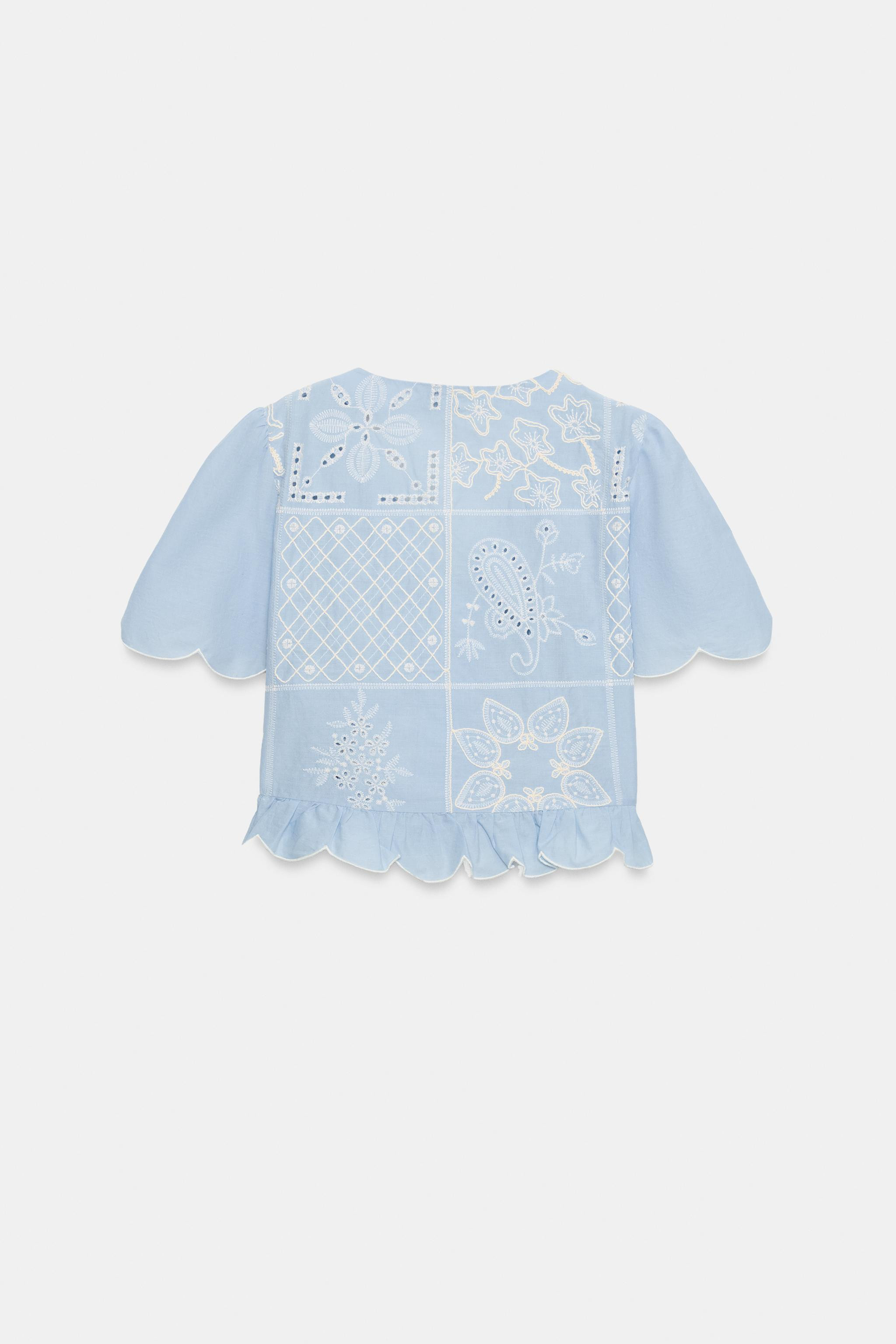 PERFORATED EMBROIDERED TIE BLOUSE | Zara US