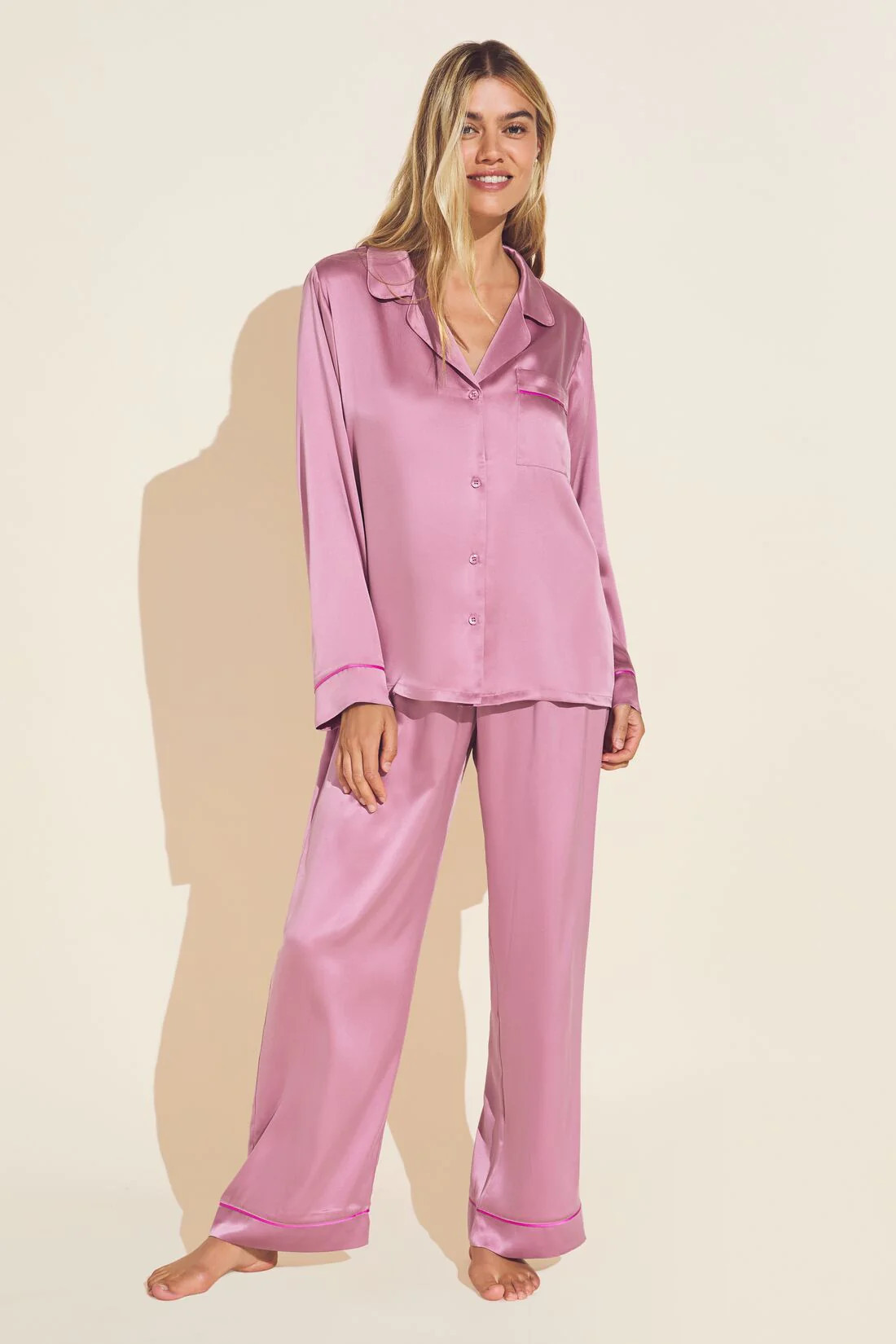 Inez Washable Silk Long PJ Set - Foxglove/Italian Rose | Eberjey